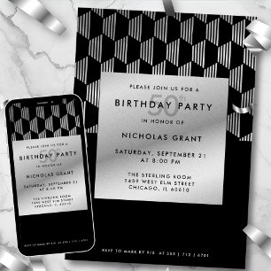 50th Birthday Modern Black Faux Silver Foil Invitation