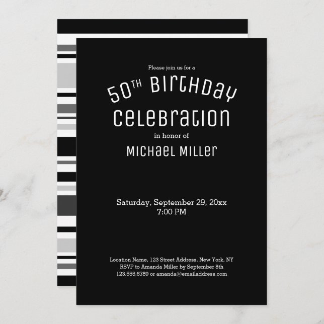 50th Birthday Modern Black White Grey Stripes Invitation (Front/Back)