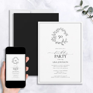 50th Birthday Modern Black & White Leafy Crest Invitation
