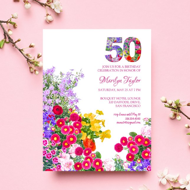 50th birthday modern floral invitation postcard (Creator Uploaded)