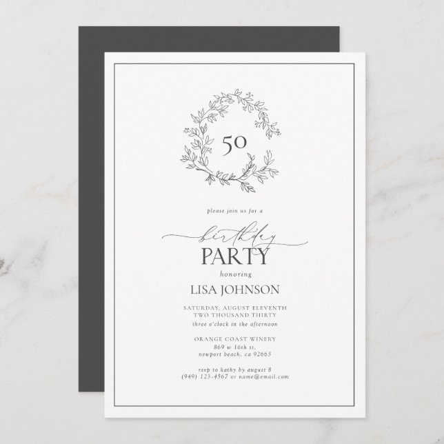 50th Birthday Modern Grey Leafy Crest Invitation (Front/Back)