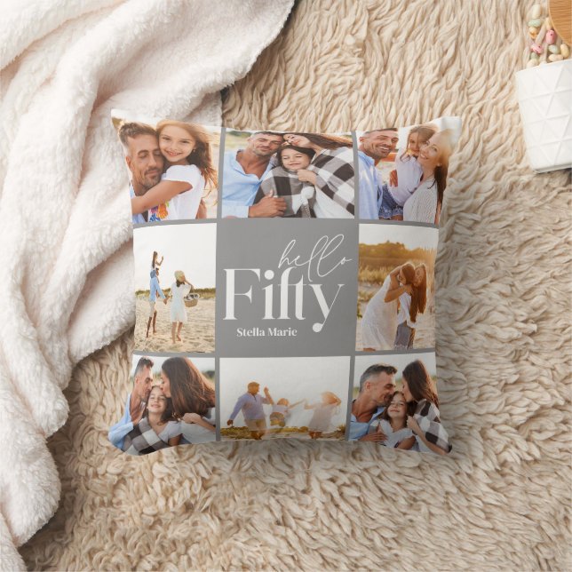 50th birthday modern grey photo collage simple cushion (Blanket)