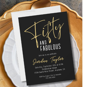 50th Birthday Modern Minimal Script Black & Gold  Invitation