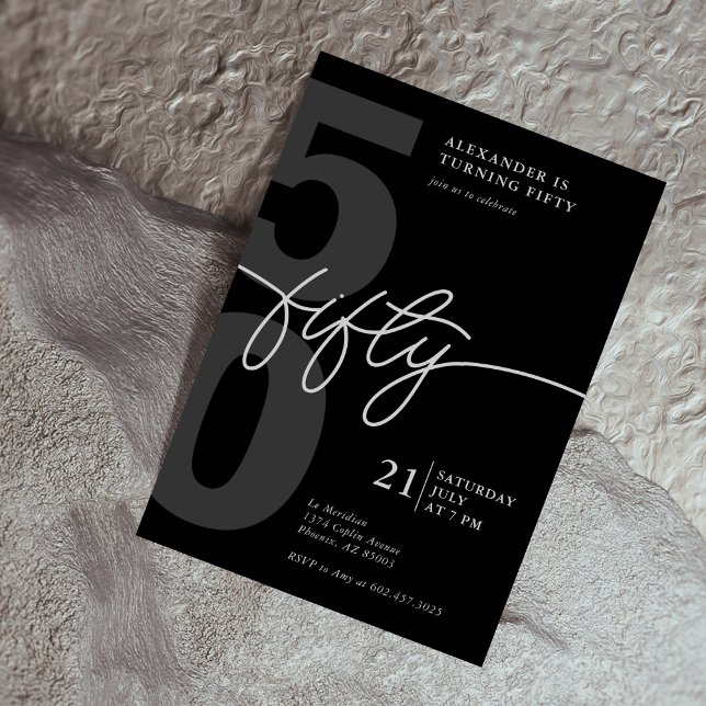 50th Birthday Modern Minimalist Black Grey Invitation (Creator Uploaded)