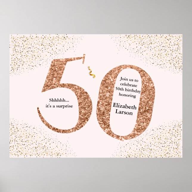 50th Birthday Modern Minimalist Faux Gold Glitter Poster (Front)