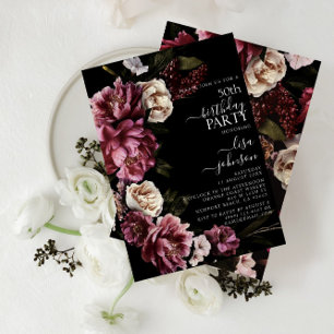 50th Birthday Modern Moody Burgundy Blush Floral Invitation