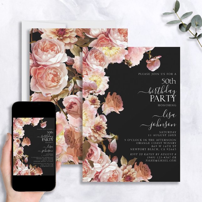 50th Birthday Modern Moody Dark Pink Script Floral Invitation (Creator Uploaded)