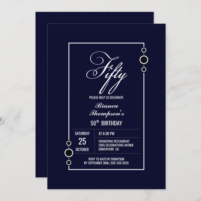 50th Birthday Modern Navy Blue Party Invitation (Front/Back)