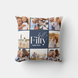 50th birthday modern navy photo collage simple cushion