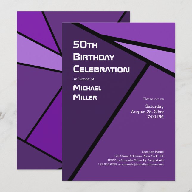 50th Birthday Modern Purple Geometric Shapes Invitation (Front/Back)