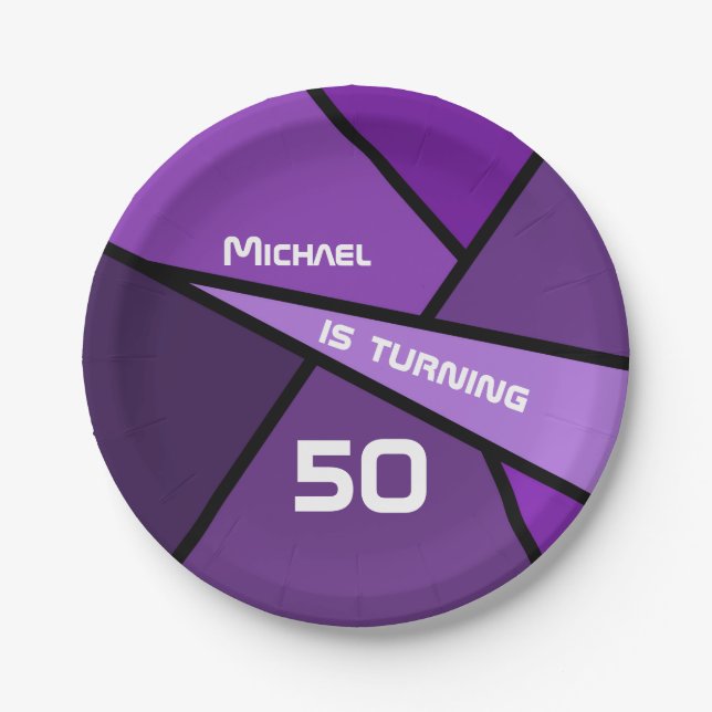 50th Birthday Modern Purple Geometric Shapes Paper Plate (Front)