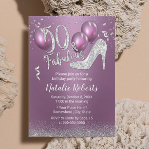 50th Birthday Modern Purple & Silver Fabulous 50 Invitation