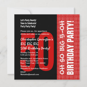 50th Birthday Modern Red and Black B204 Invitation