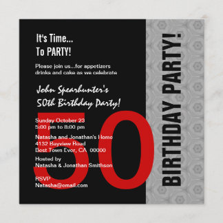 50th Birthday Modern Red Silver Black Funny D845 Invitation