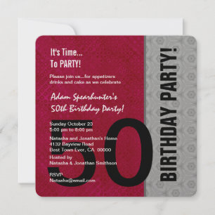 50th Birthday Modern Red Silver Black Metallic Invitation