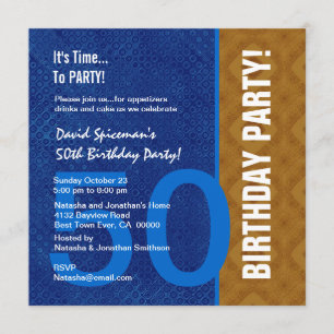 50th Birthday Modern Royal Blue and Bronze V08 Invitation