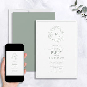 50th Birthday Modern Sage Green Leafy Crest Invitation