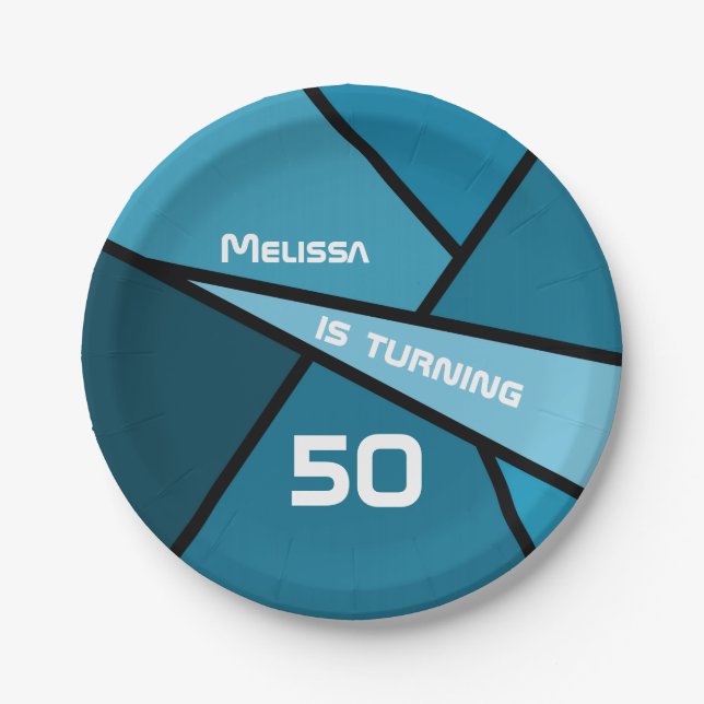 50th Birthday Modern Teal Geometric Shapes Paper Plate (Front)