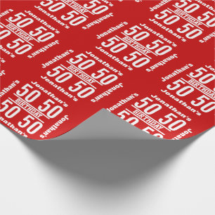 50th Birthday Modern Text Design Red White R02Z Wrapping Paper