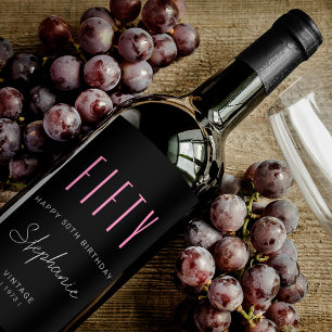 50th Birthday Modern Typography Simple Black Wine Label