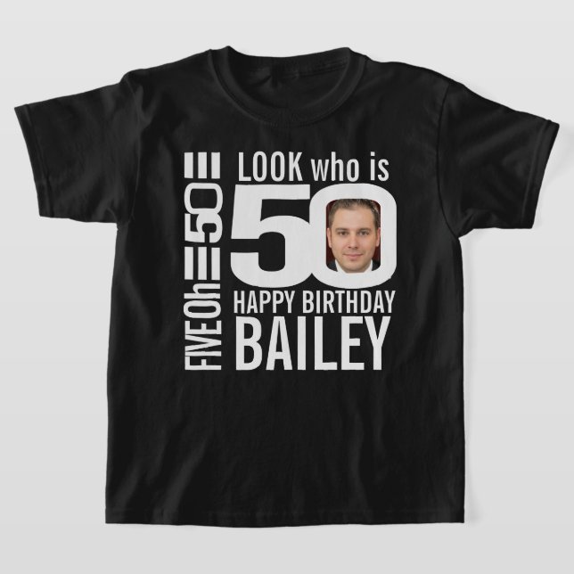 50th birthday mono look 50 custom photo name kids  T-Shirt (Laydown)
