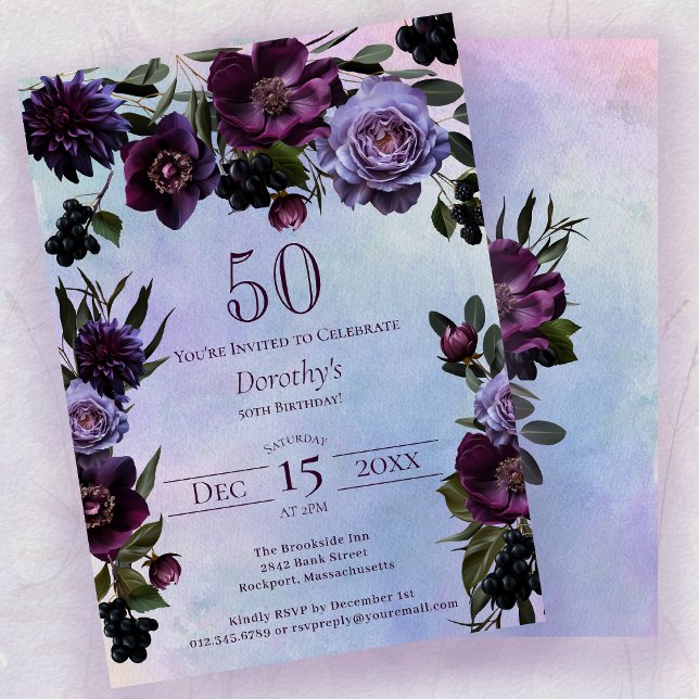 50th Birthday Moody Purple Gothic Flower Invitation (Creator Uploaded)