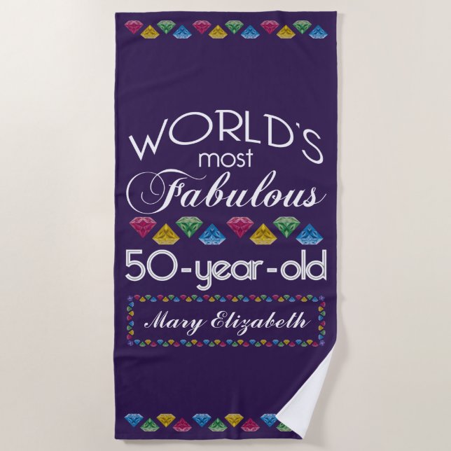 50th Birthday Most Fabulous Colorful Gems Purple Beach Towel (Front)
