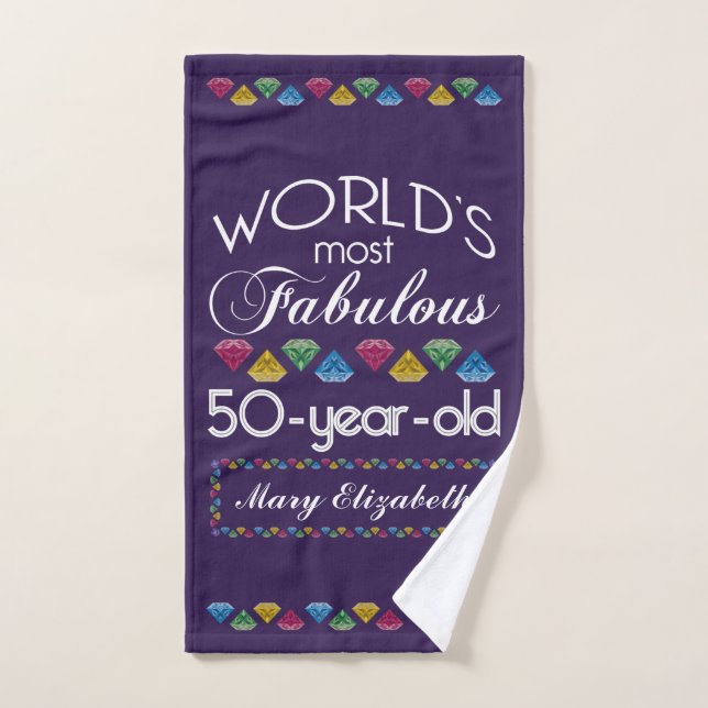50th Birthday Most Fabulous Colorful Gems Purple Hand Towel (Hand Towel)