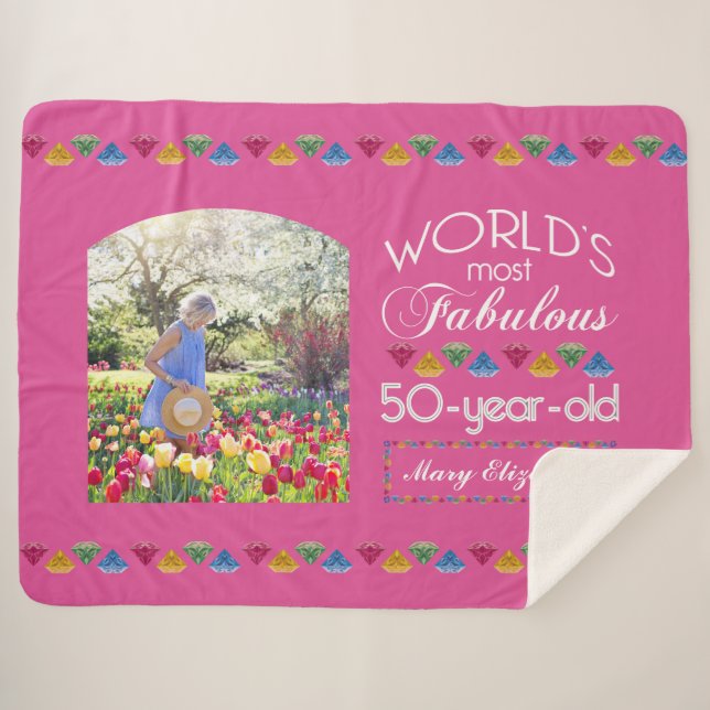 50th Birthday Most Fabulous Gems Pink Your Photo Sherpa Blanket (Front (Horizontal))