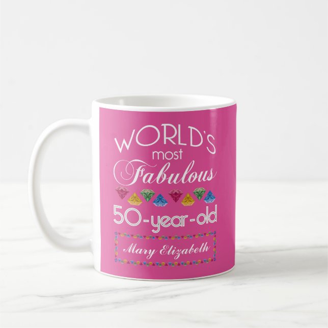 50th Birthday Most Fabulous Gems Raspberry Pink Coffee Mug (Left)