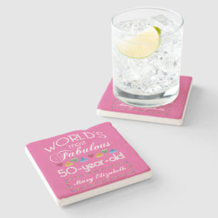 50th Birthday Most Fabulous Gems Raspberry Pink Stone Coaster