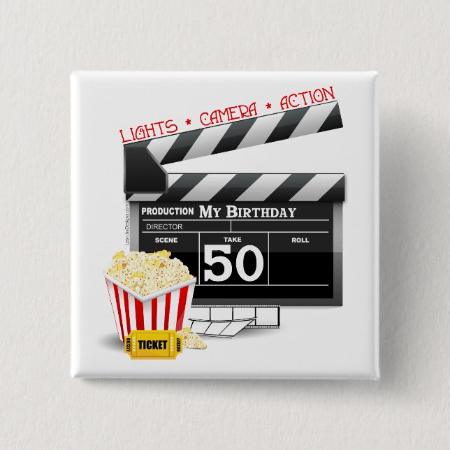 50th Birthday Movie Theme 15 Cm Square Badge (Front)