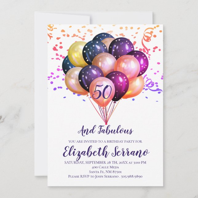 50th Birthday Multi Metallic Coloured Balloons Invitation (Front)
