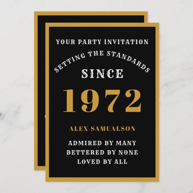 50th Birthday Name 1972 Elegant Chic Black Gold Invitation (Front/Back)