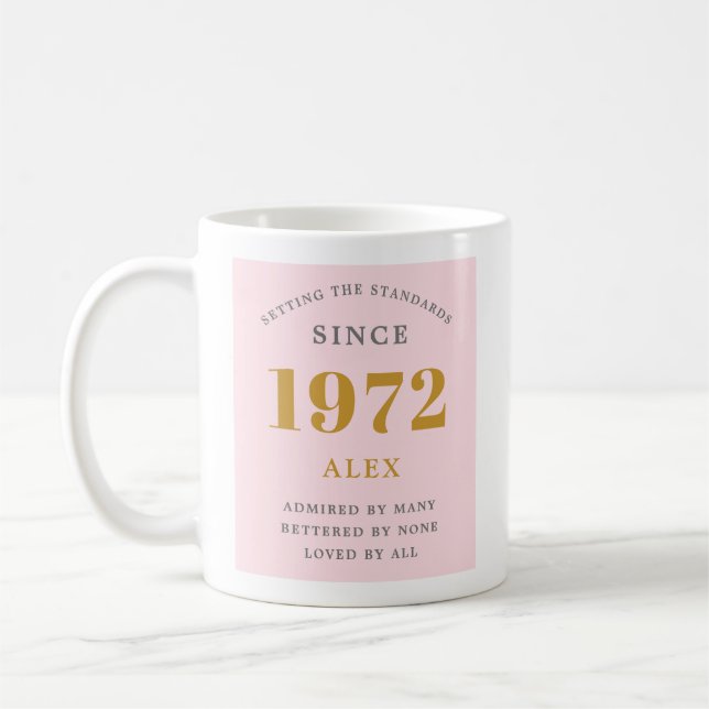 50th Birthday Name 1972 Pink Grey Elegant Chic Coffee Mug (Left)