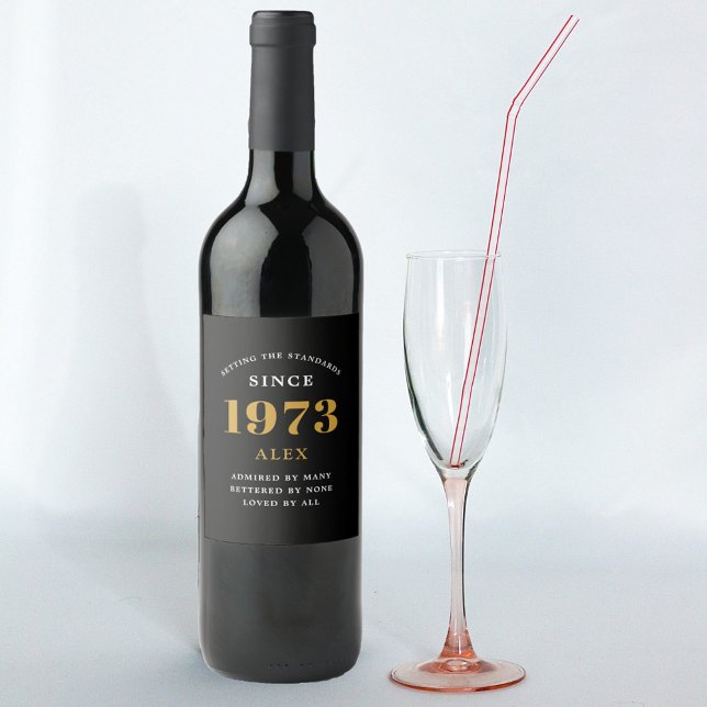 50th Birthday Name 1973 Black Gold Elegant Wine Label (Creator Uploaded)