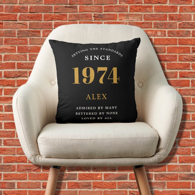 50th Birthday Name 1974 Black Gold Elegant Chic Cushion (50th Birthday Special 1974 Born Black Gold Chic Elegant Throw Pillow - Perfect for Home Décor.)