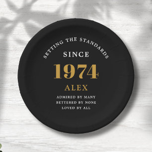 50th Birthday Name 1974 Black Gold Elegant Chic Paper Plate