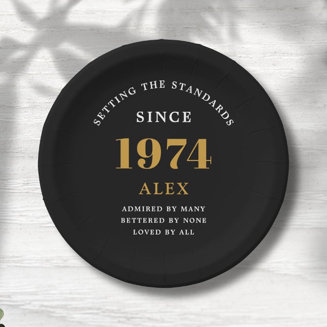 50th Birthday Name 1974 Black Gold Elegant Chic Paper Plate (Sophisticated 50th Birthday Unique Black & Gold Party Paper Plates.)