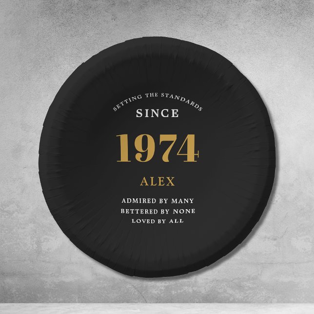 50th Birthday Name 1974 Black Gold Elegant Chic Paper Plate (1974 Setting The Standards Paper Bowls: 50th Birthday Customizable Black Gold Elegant And Chic. )