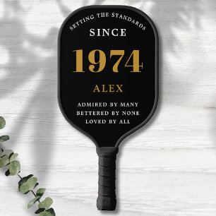 50th Birthday Name 1974 Black Gold Elegant Chic Pickleball Paddle