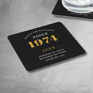 50th Birthday Name 1974 Black Gold Elegant Chic Square Paper Coaster