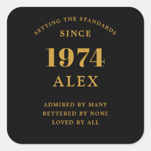 50th Birthday Name 1974 Black Gold Elegant Chic Square Sticker