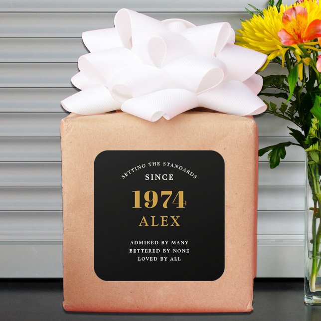 50th Birthday Name 1974 Black Gold Elegant Chic Square Sticker (50th Birthday 1974 Elegance: Exceptionally Chic Black and Gold Square Sticker. )