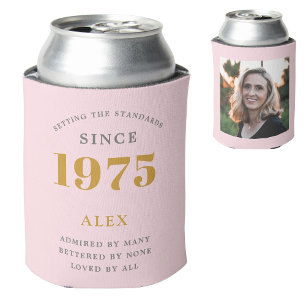 50th Birthday Name 1975 Chic Pink Grey Photo Can Cooler