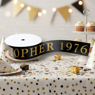 50th Birthday Name 1976 Black Gold Elegant Chic Satin Ribbon