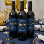 50th Birthday Name 1976 Blue Gold Elegant Chic Wine Label<br><div class="desc">1976 Vintage 50th Birthday Blue & Gold Elegant Wine Label. Celebrate your milestone with our exclusive 1976 Vintage 50th birthday wine label. The meticulously designed label with stunning blue and gold hues effortlessly enhances the visual appeal of your favourite wine. The year 1976, prominently featured on the label, adds a...</div>