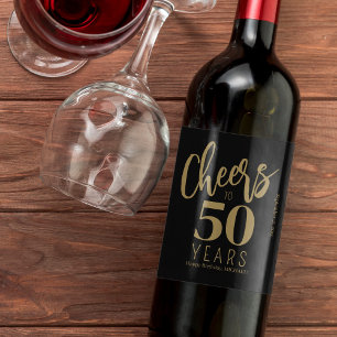 50th Birthday name personalised cheers gold black Wine Label