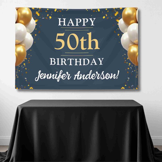 50th Birthday Navy Blue and Gold Celebration Banner (Creator Uploaded)