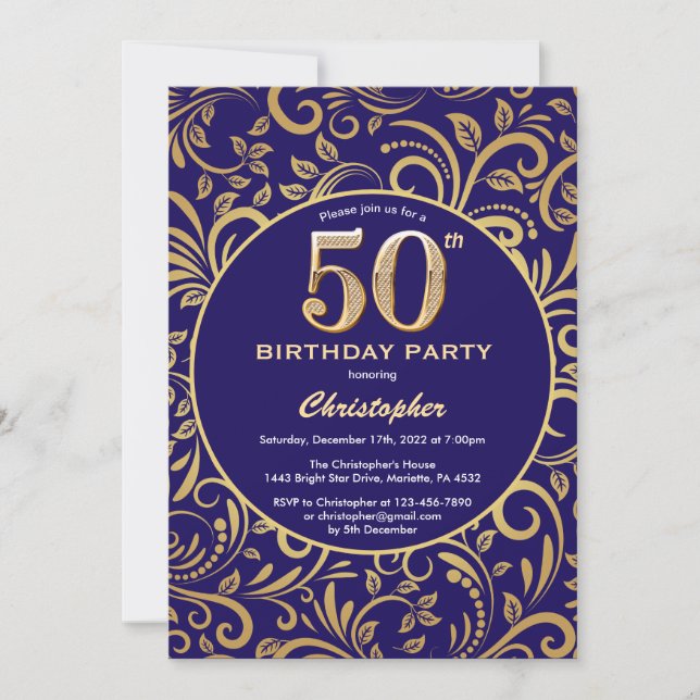 50th Birthday Navy Blue and Gold Floral Pattern Invitation (Front)